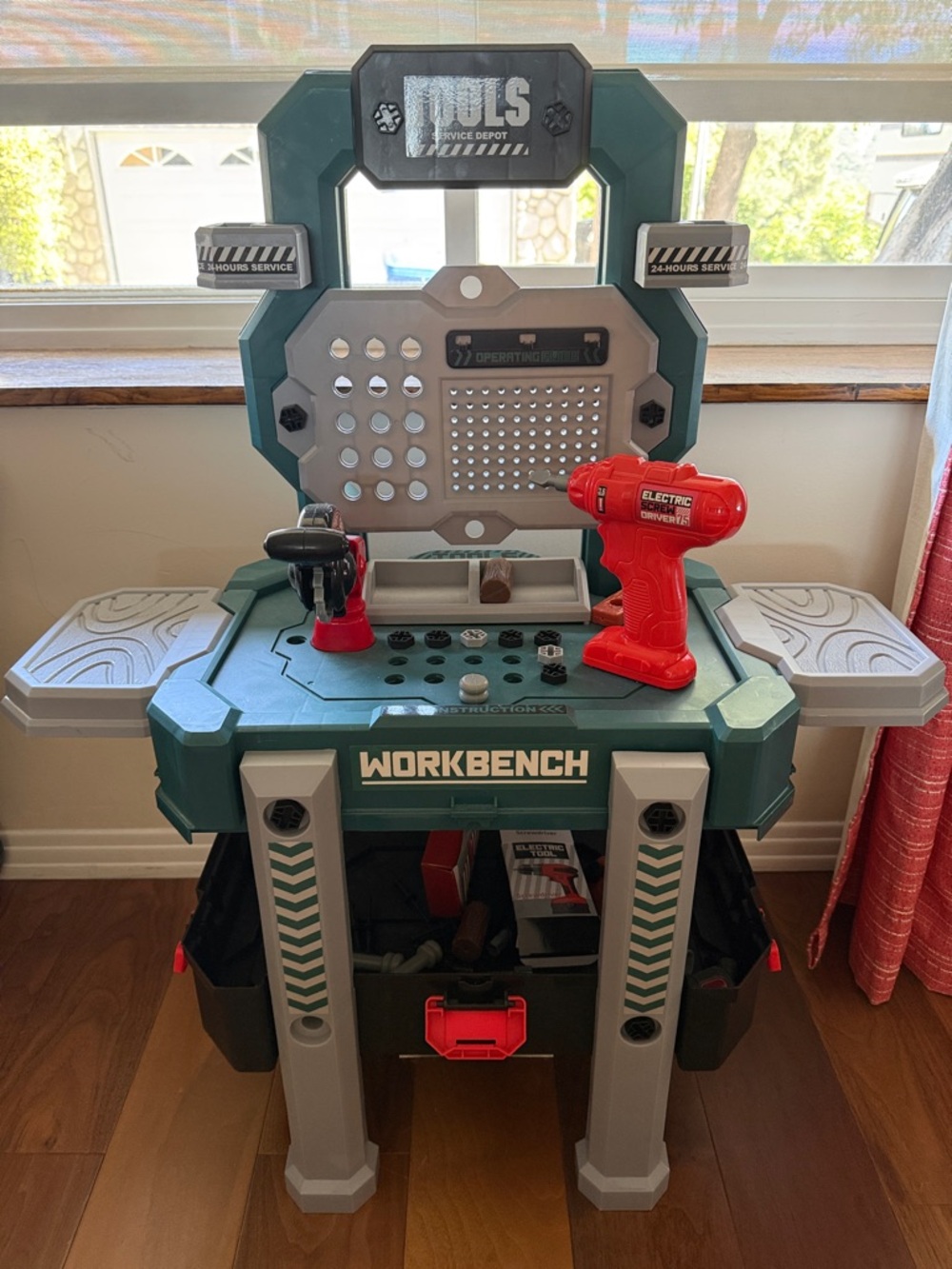 Kids Green and Gray Workbench Playset with Red Toy Tools